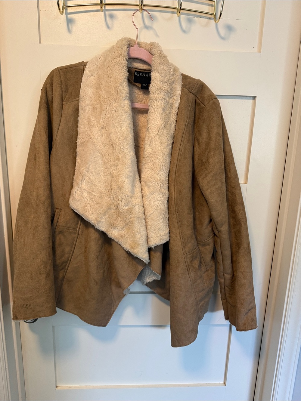 Bernardo Tan Faux Suede Jacket with Cream Faux Fur Shawl Collar